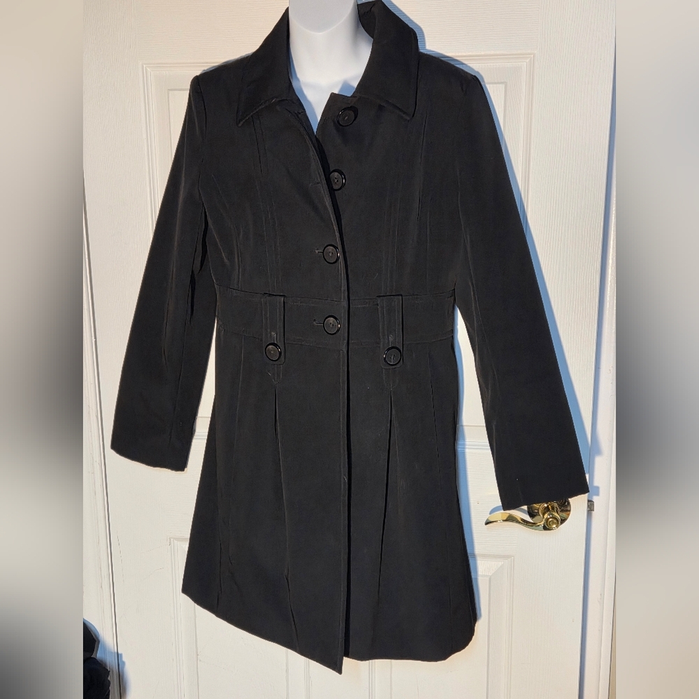 Anne Klein Black Trench Rain Coat Jacket with Button Front Sz M